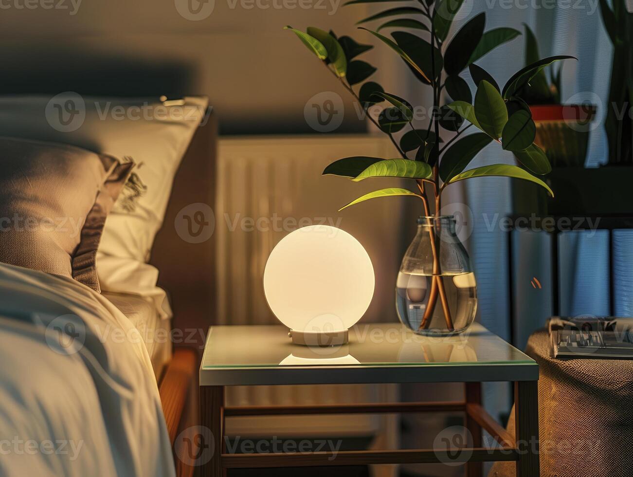 Modern Loft Bedroom With A Futuristic Led Night Lamp On A Glass Nightstand, Natural Colors photo