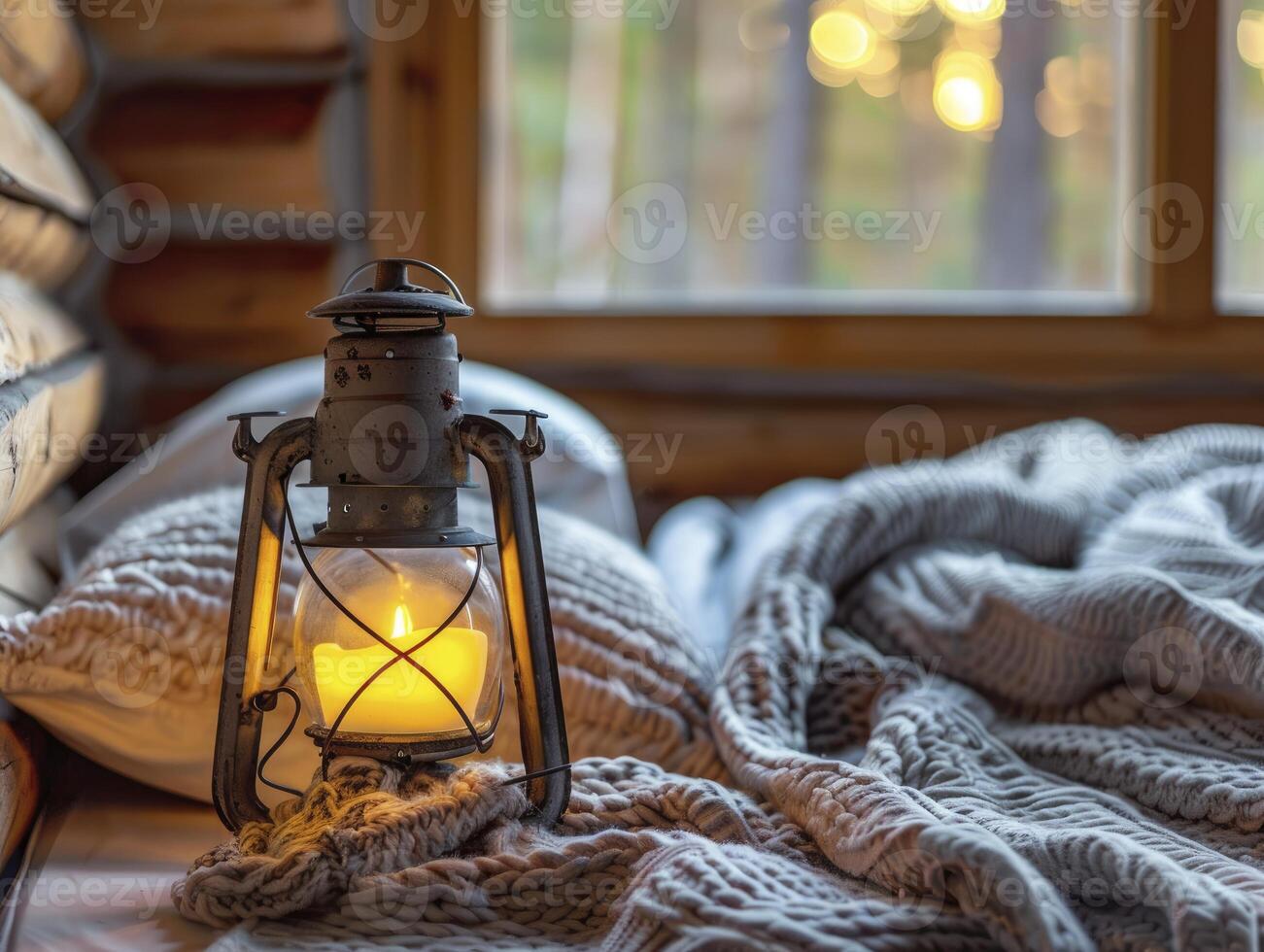 Rustic Cabin Bedroom With A Lantern Night Lamp And Cozy Blankets, Natural Colors photo