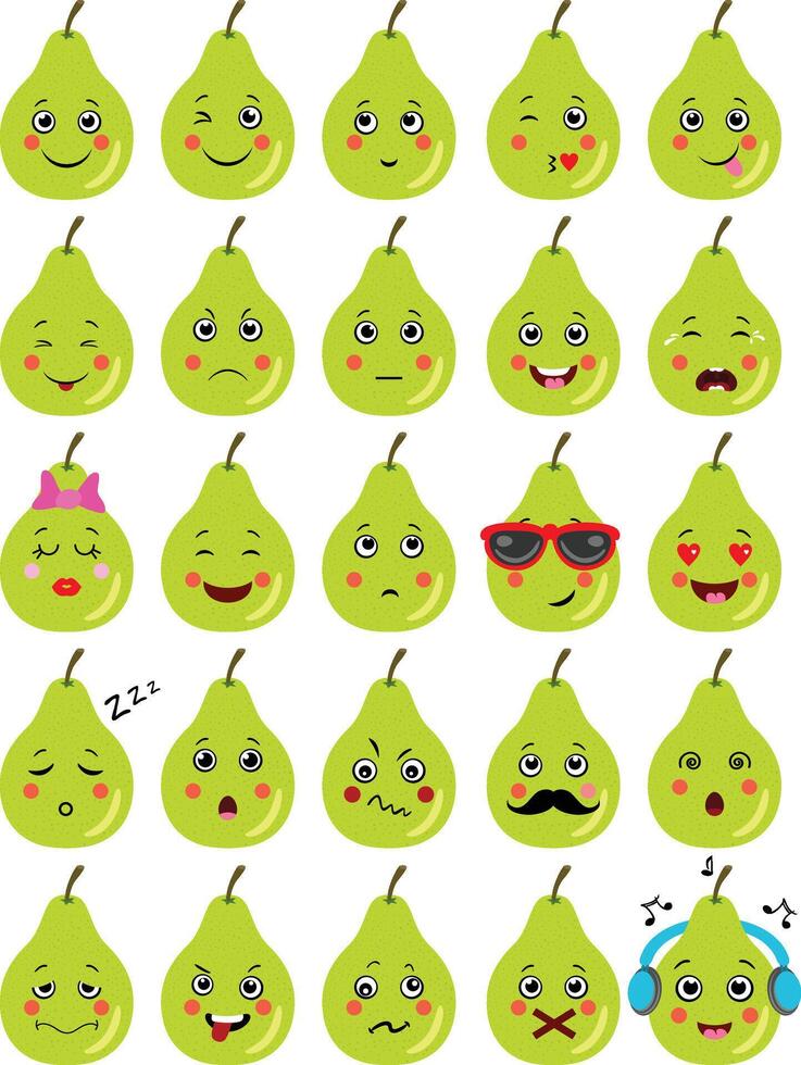 Set digital collage of fresh green pear with different expressions vector