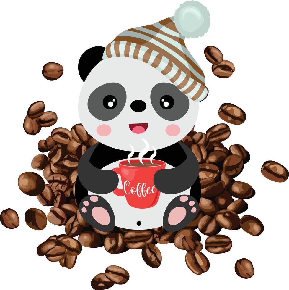 Cute panda drinking cup of coffee with coffee beans vector