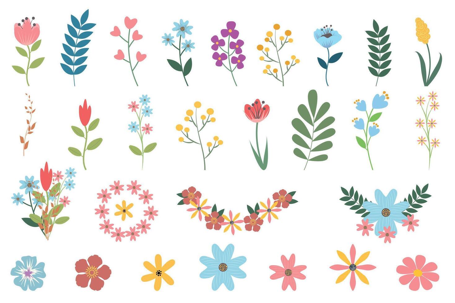 Set of beautiful spring and summer flowers, leaves, plants for creating floral bouquets. Hand drawn illustration of flowers and floral elements. Caricature for design of greeting cards vector