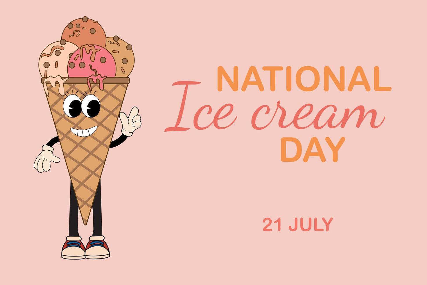 National Ice Cream Day. Template for background, banner, card, poster. Cartoon Ice Cream in groovy style. Holiday concept. vector
