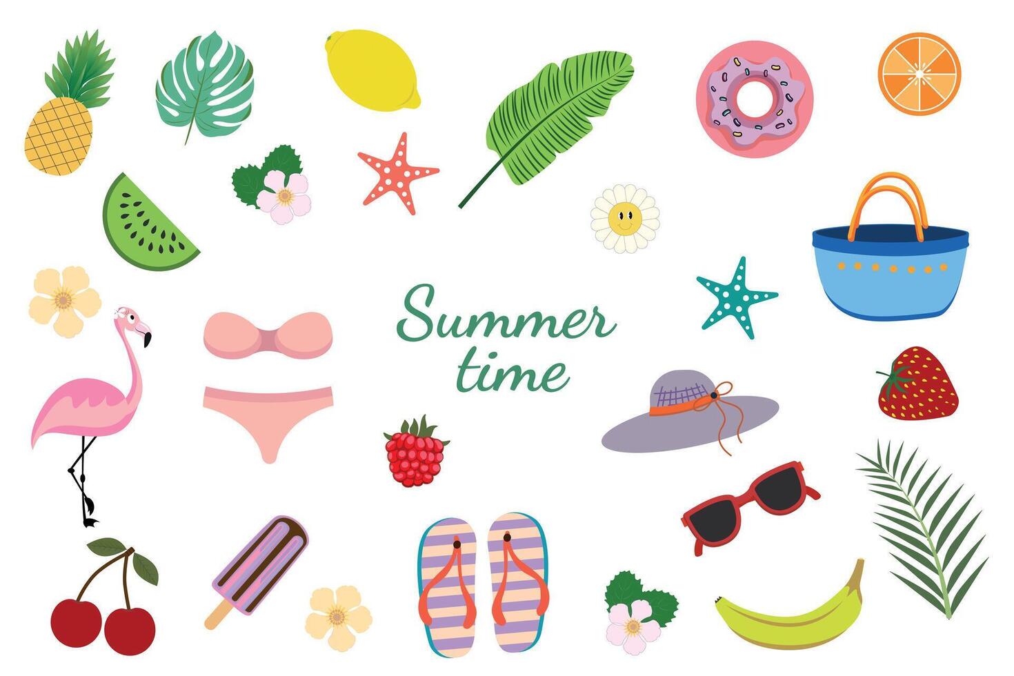 Set of summer stickers for the summer season. Tropical holiday icons. Collection of seasonal elements. Flamingo, ice cream, pineapple, tropical leaves, fruits, beach accessories. vector