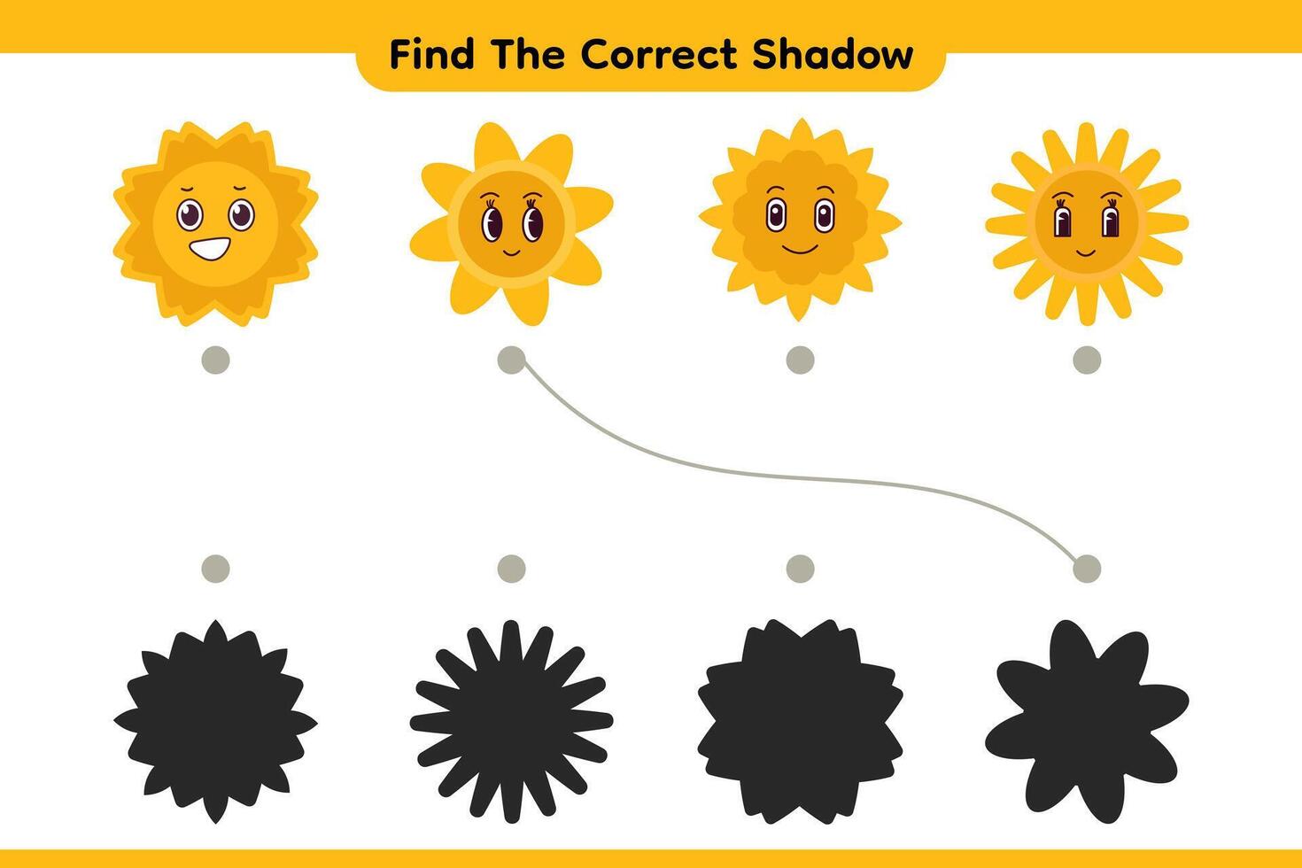 Cute smile sun. Find the correct shadow. Educational game for children. Cartoon. vector