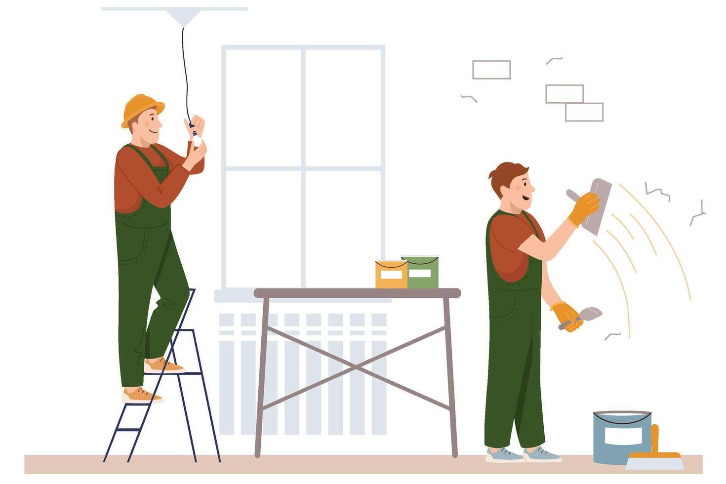 Home craftsmen and repairmen. Renovation workers painters, plasterers and electricians doing apartment repair, professional decorating service. cartoon flat concept vector