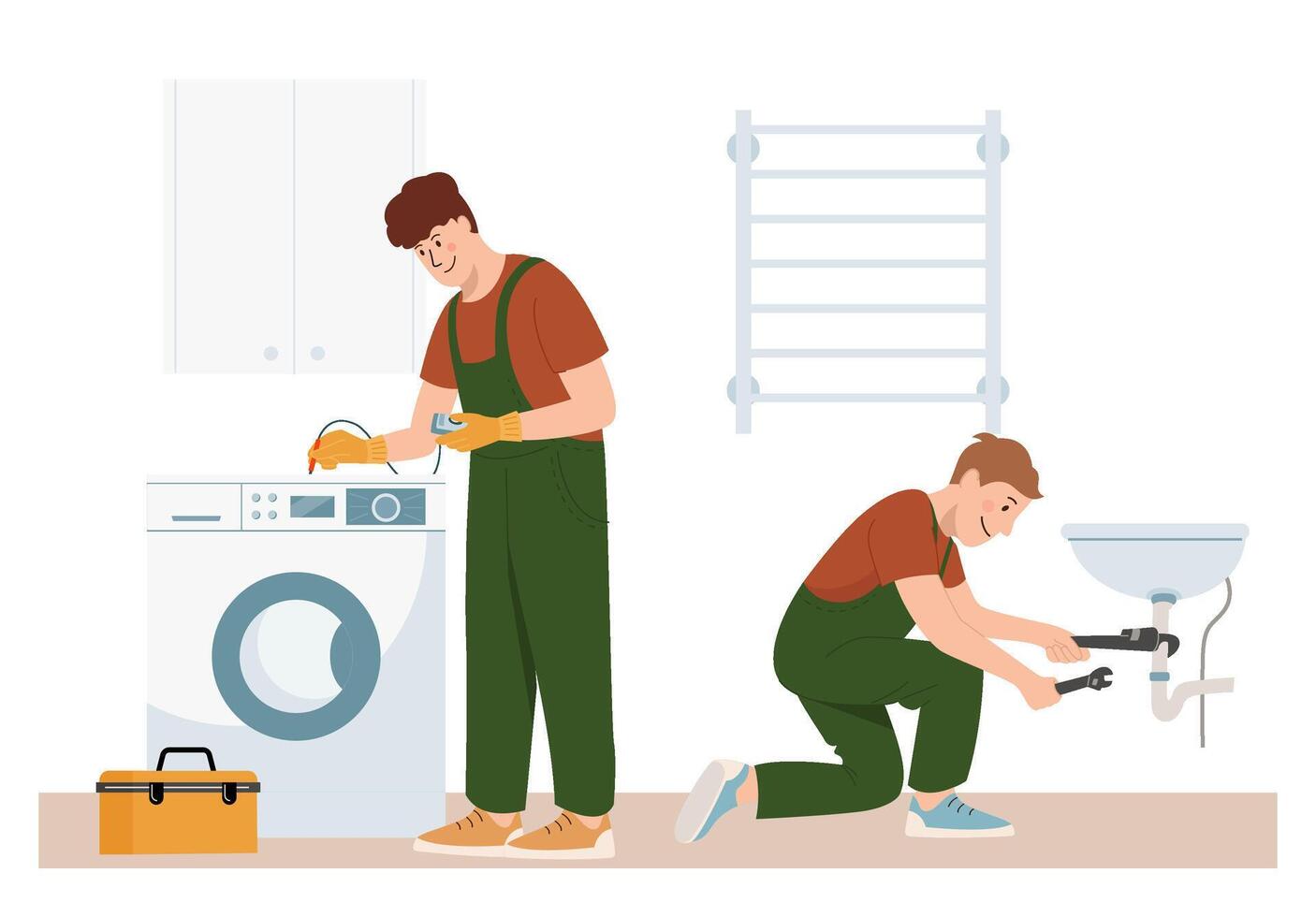 Home craftsmen and repairmen. Renovation workers professional plumber and engineer at work, they are checking the washing machine and home plumbing. cartoon flat concept vector