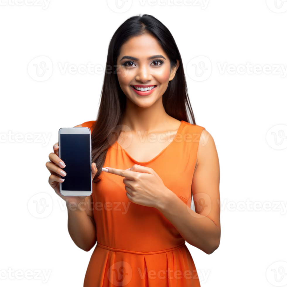 Smiling woman pointing to blank smartphone screen on transparent background png