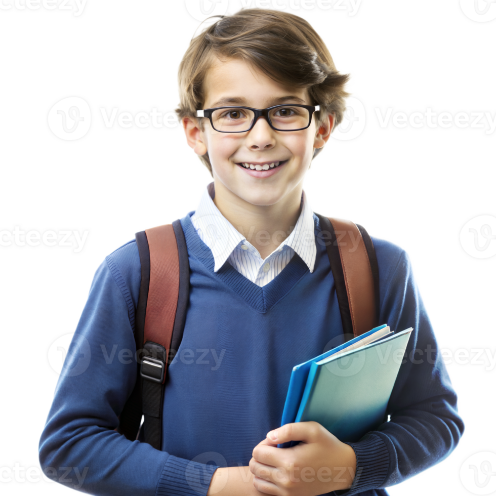 Smiling student holding books with a backpack on transparent background png