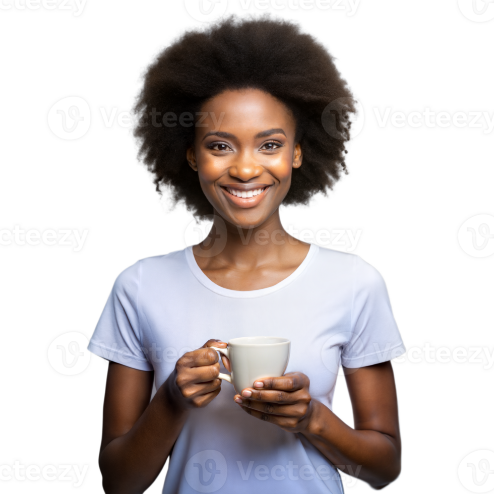 Smiling woman holding a coffee cup on a transparent background png