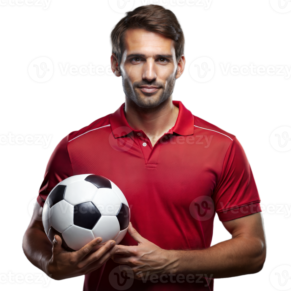 Soccer player in red shirt holding a soccer ball on transparent background png
