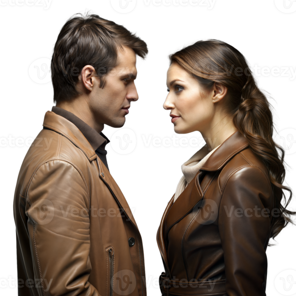 Couple in leather jackets facing each other on transparent background png