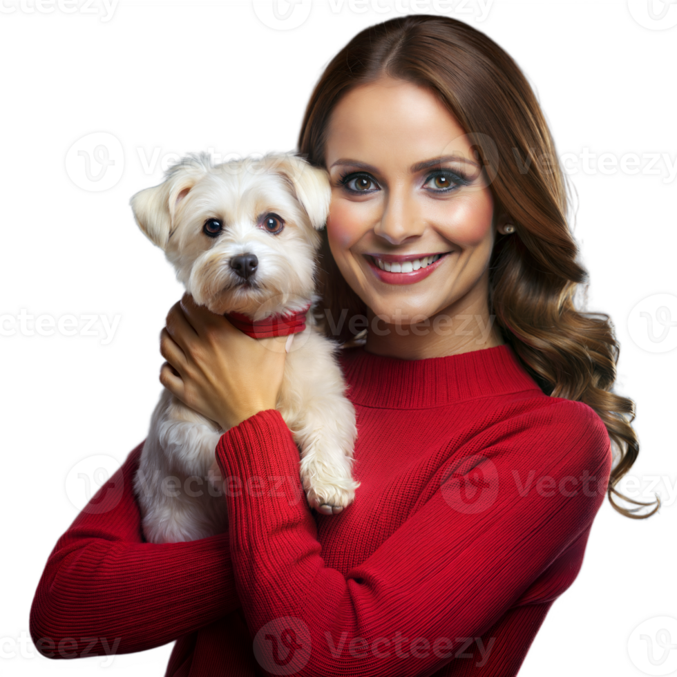 Smiling woman holding cute dog on transparent background png