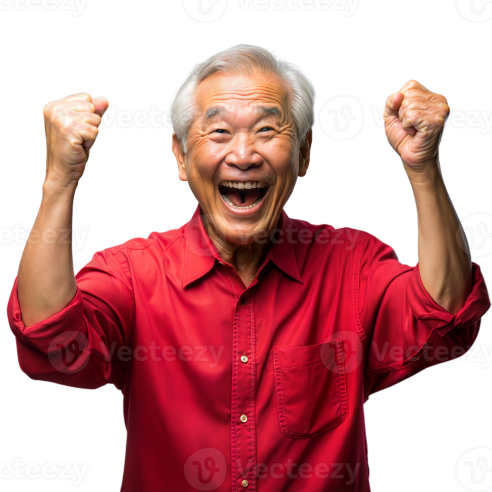 Happy senior man celebrating with clenched fists on transparent background png