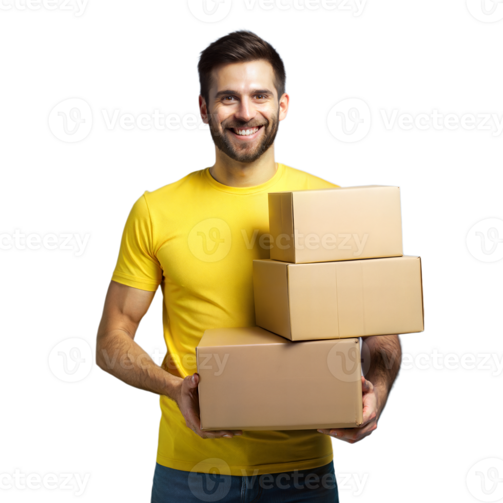 Smiling man in yellow shirt carrying cardboard boxes on transparent background png