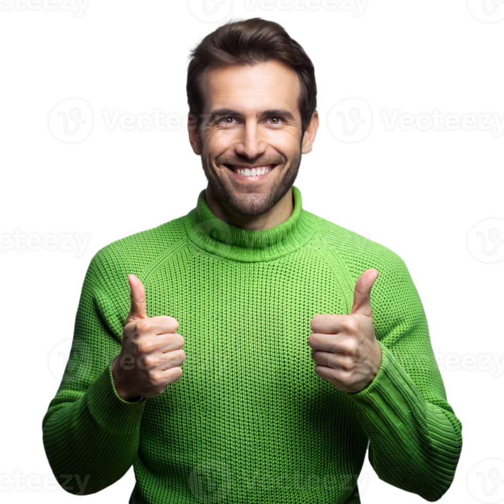 Smiling man giving thumbs up in green sweater on transparent background png