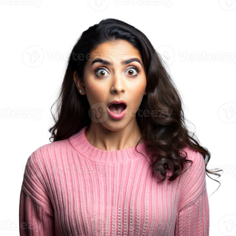 Shocked woman in pink sweater on transparent background png