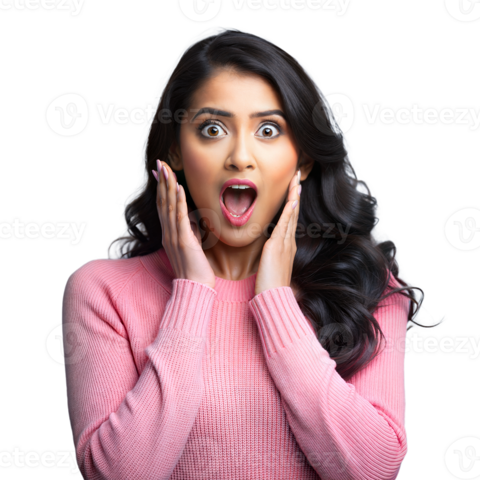 Surprised woman with hands on face, expressing shock png