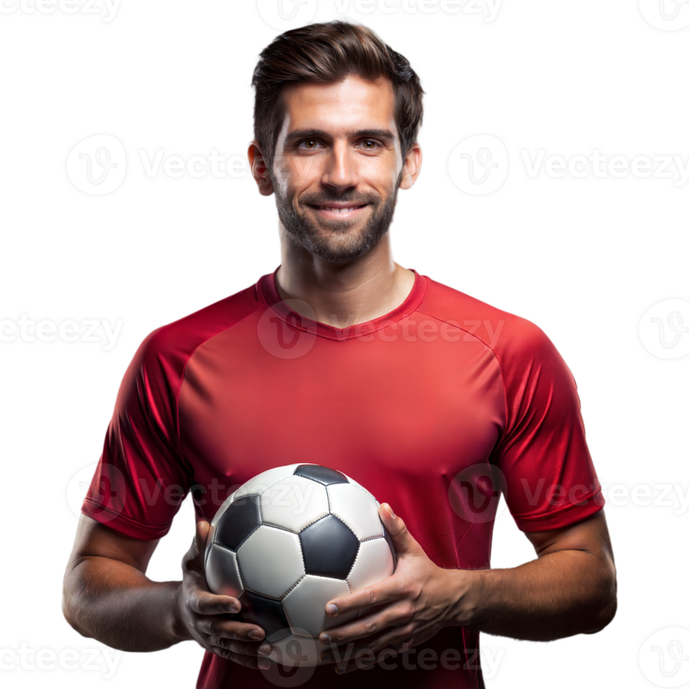 Smiling soccer player holding a soccer ball on transparent background png