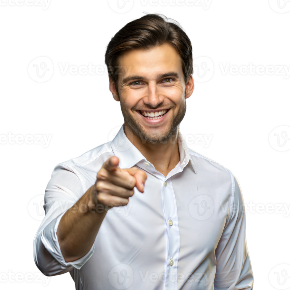 Smiling man pointing finger isolated on transparent background png