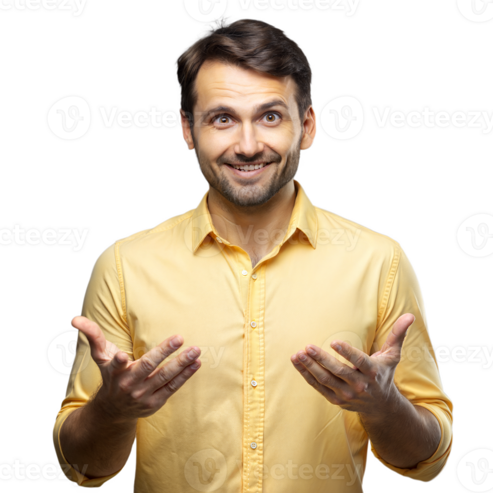 Smiling man in yellow shirt with open hands on transparent background png