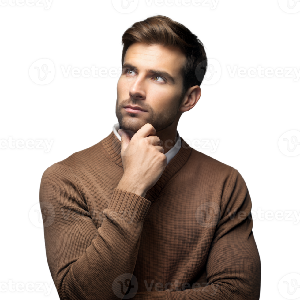 Pensive man deep in thought on transparent background png