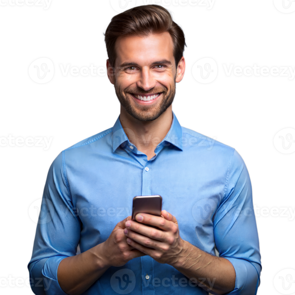 Smiling man holding smartphone on transparent background png