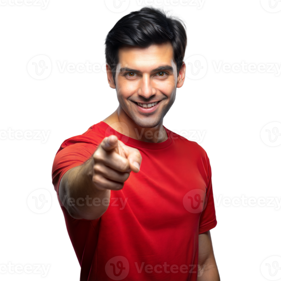 Smiling man pointing directly at camera on transparent background png