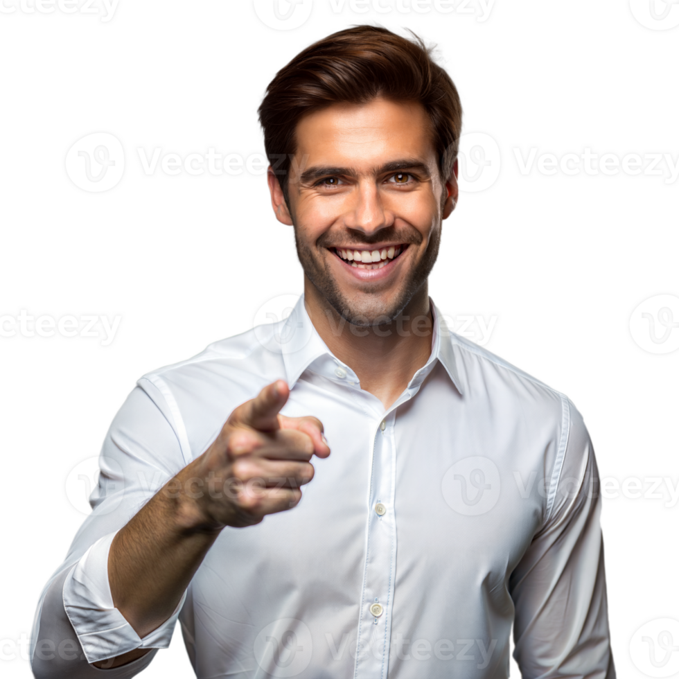 Smiling confident man pointing forward on transparent background png