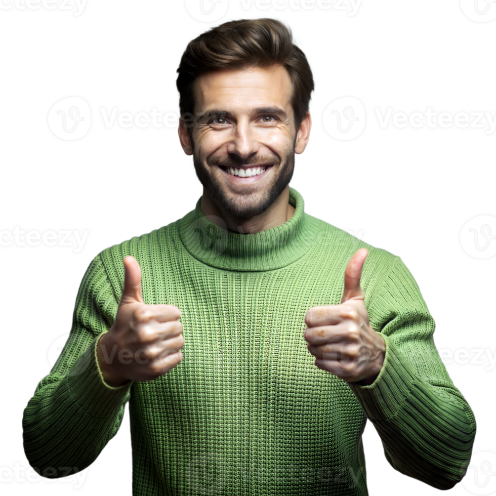 Smiling man in green sweater giving thumbs up on transparent background png