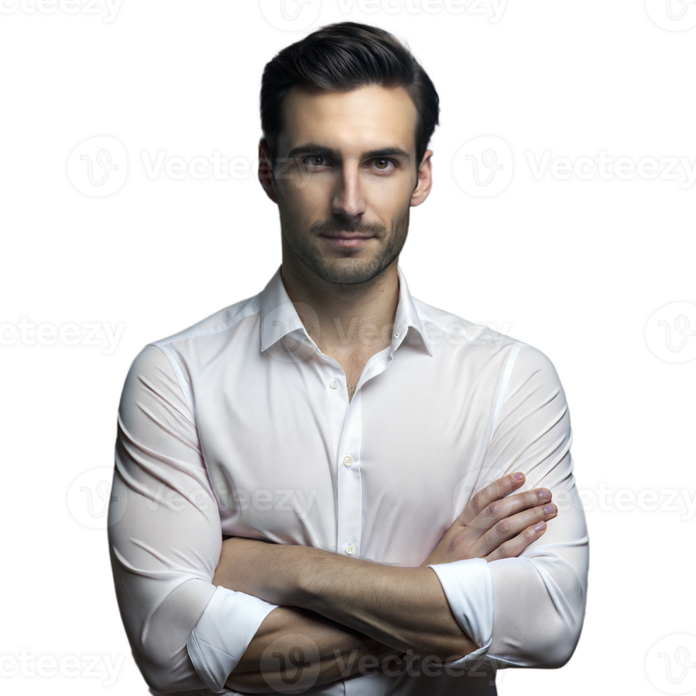 Confident young man in white shirt with arms crossed png