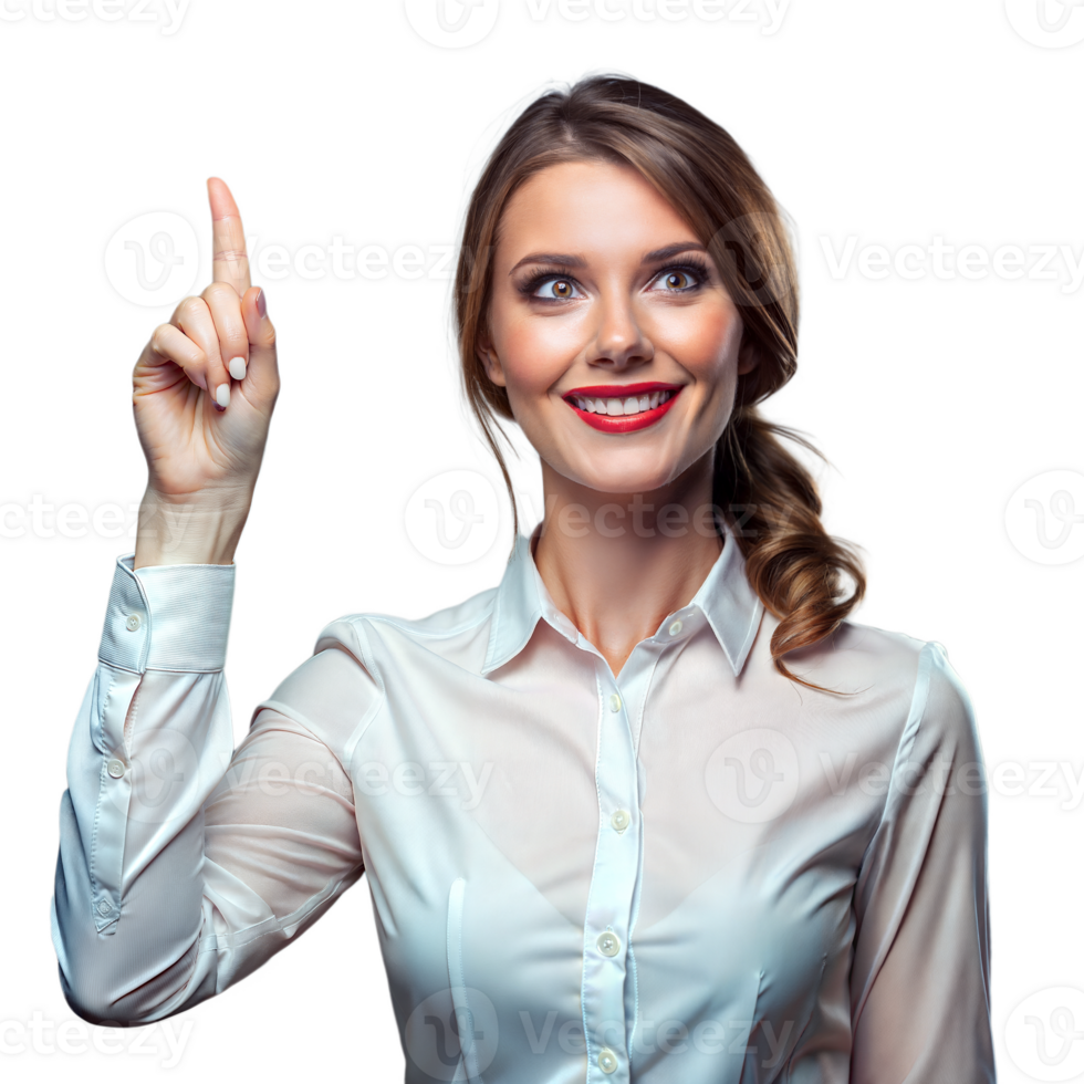Smiling woman pointing up in business attire on transparent background png
