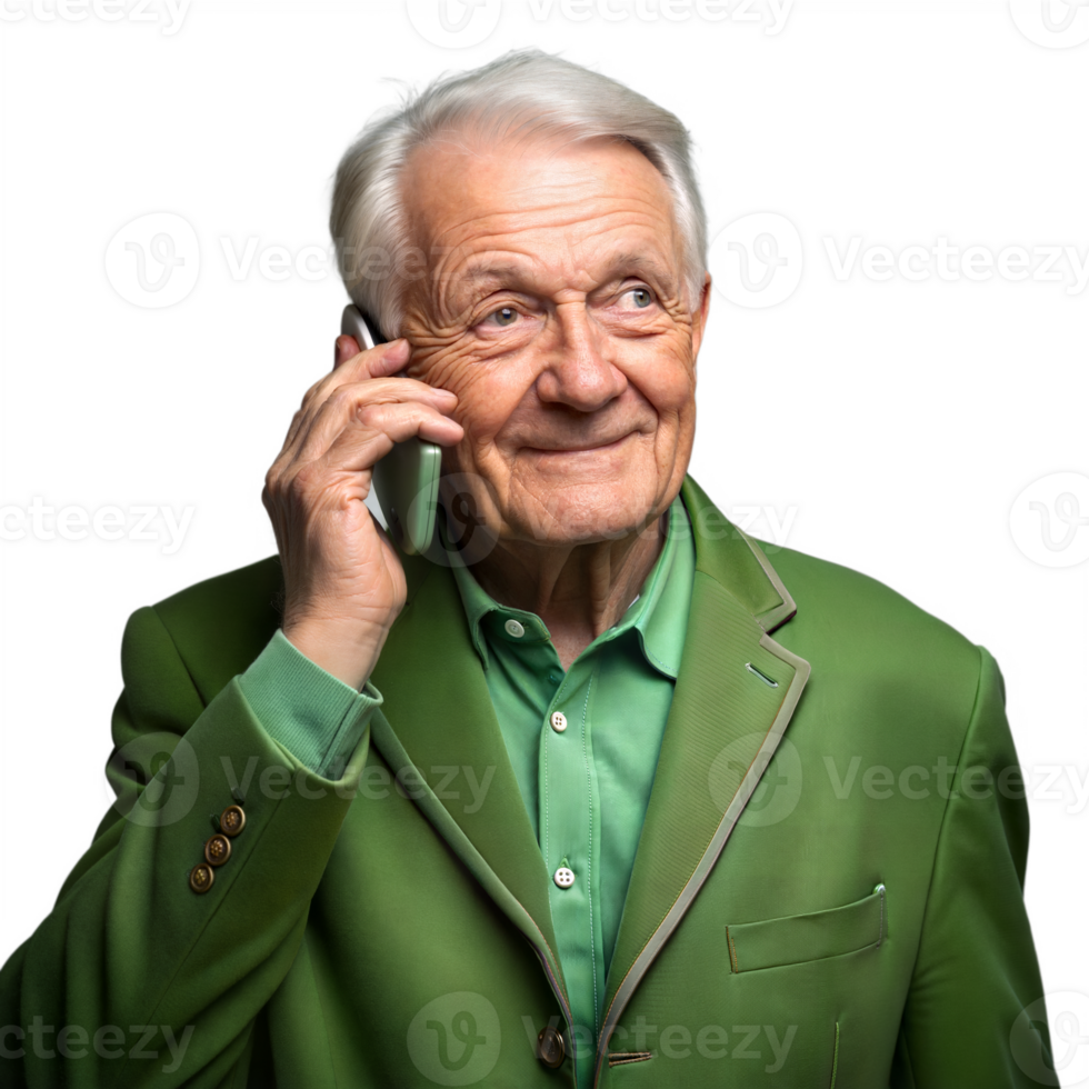 Elderly man in green suit talking on a smartphone png