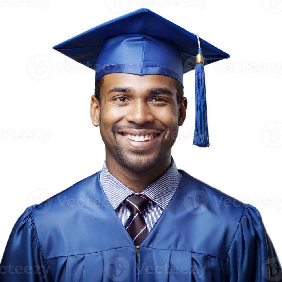 Smiling graduate in blue cap and gown on transparent background png