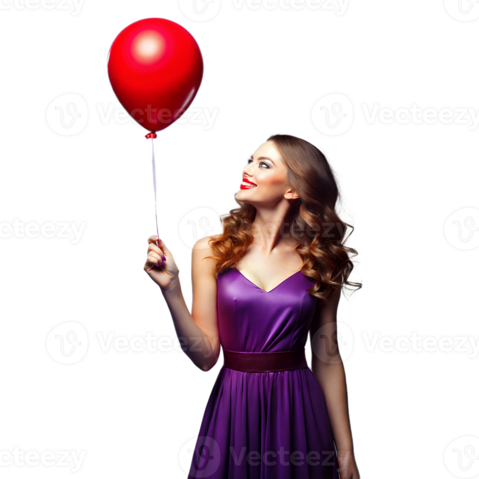 Elegant woman holding red balloon with smile on transparent background png