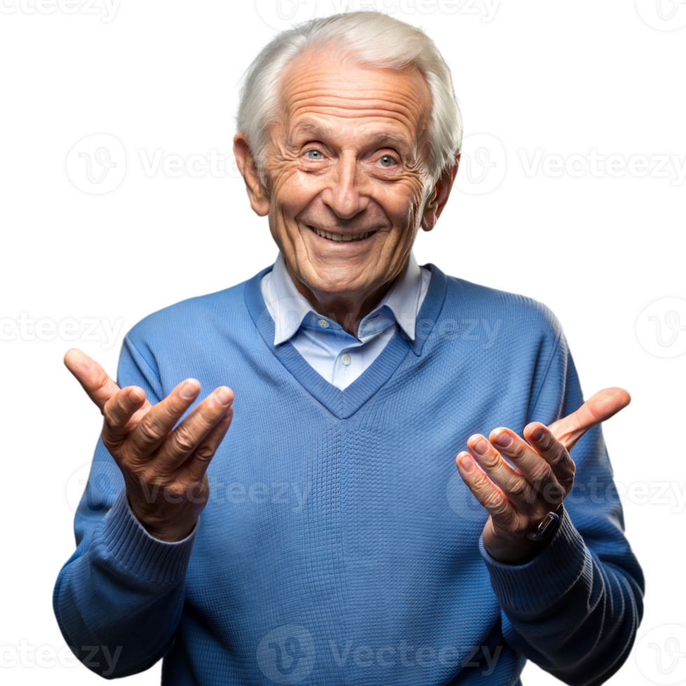 Joyful elderly man gesturing with hands on transparent background png