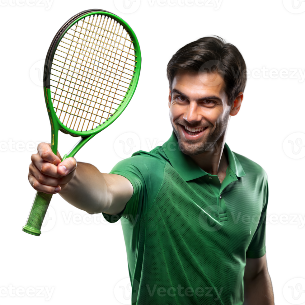 Confident male tennis player smiling and holding racket png
