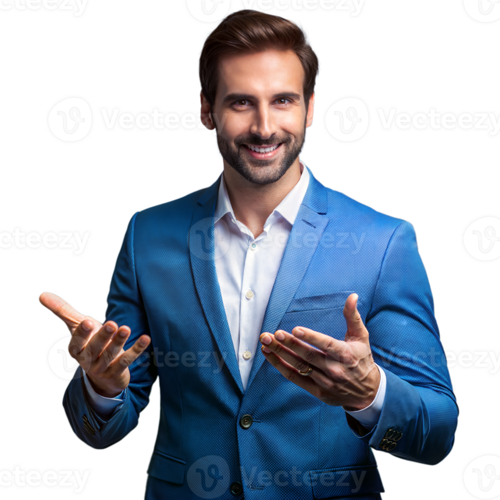Businessman smiling confidently in a blue suit on transparent background png