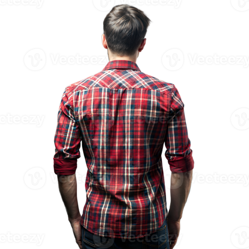 Man in plaid shirt on transparent background from back view png