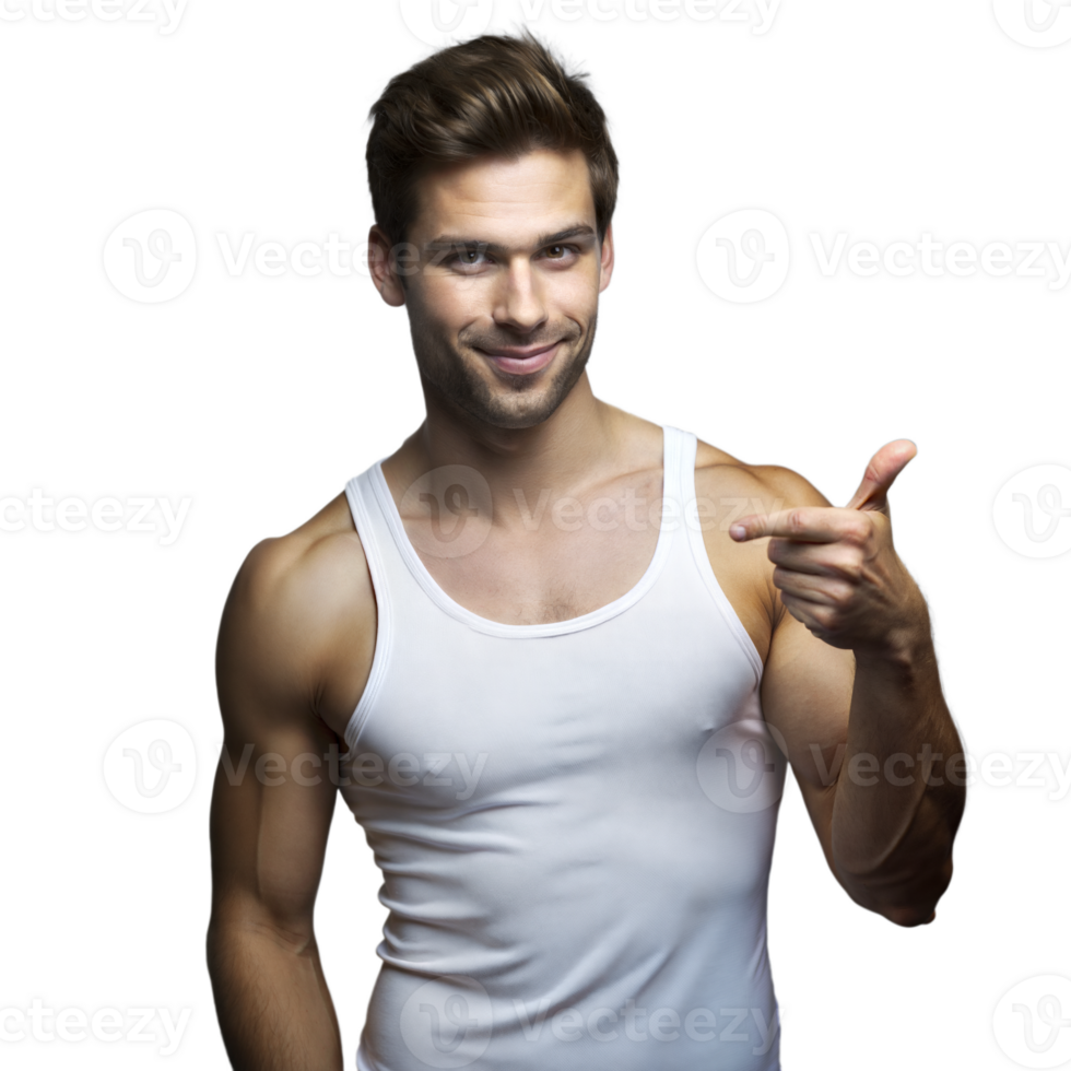 Confident young man pointing and smiling on transparent background png