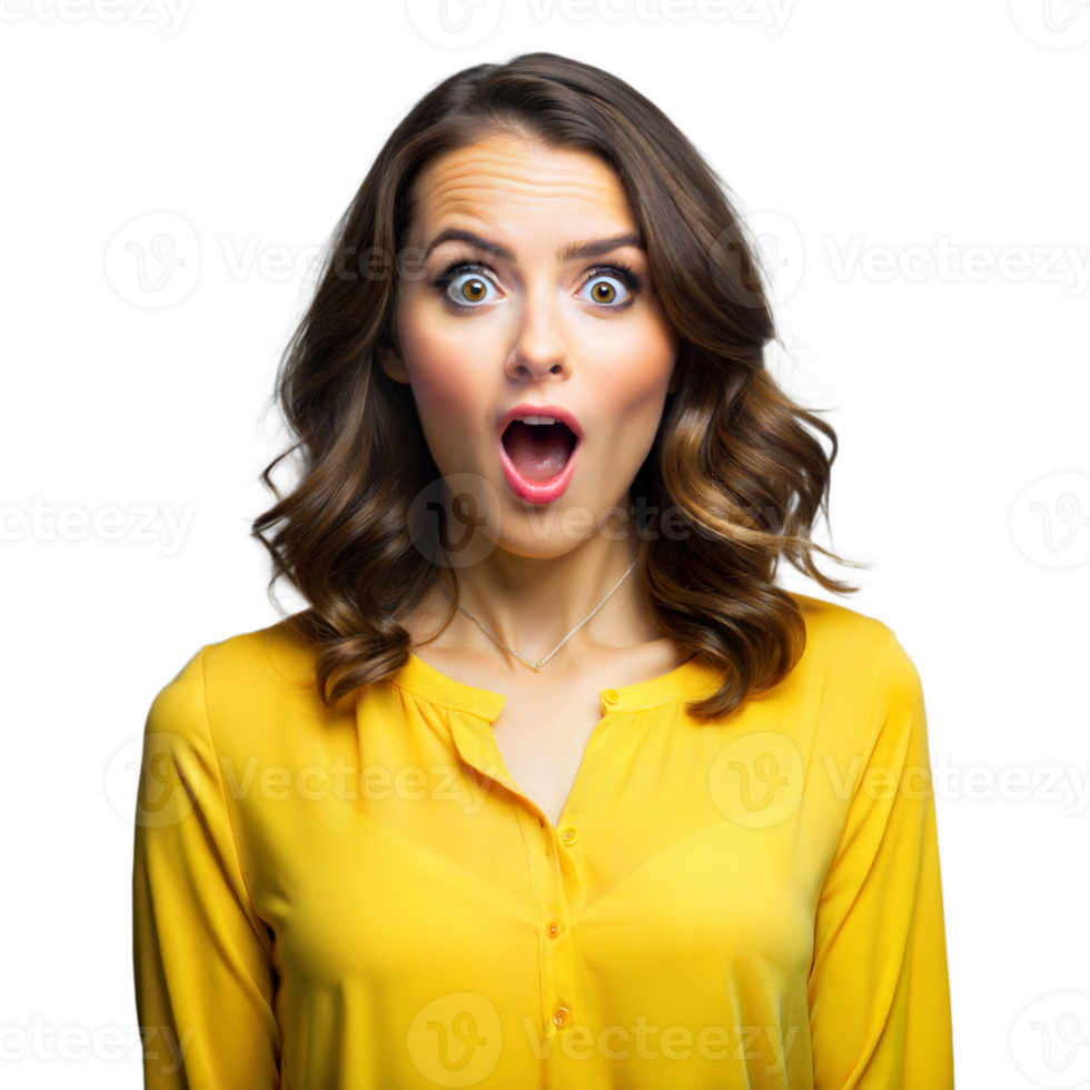 Surprised woman in yellow shirt with wide eyes on transparent background png