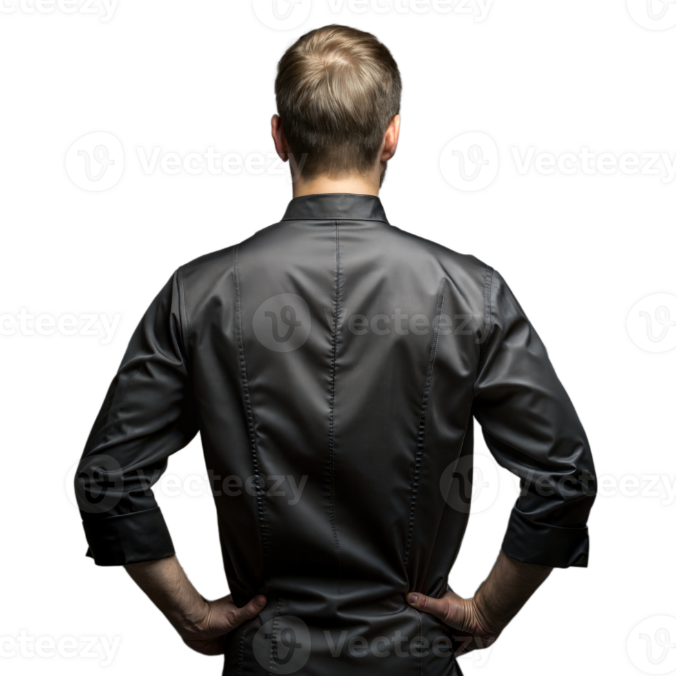 Rear view of chef in black uniform on transparent background png