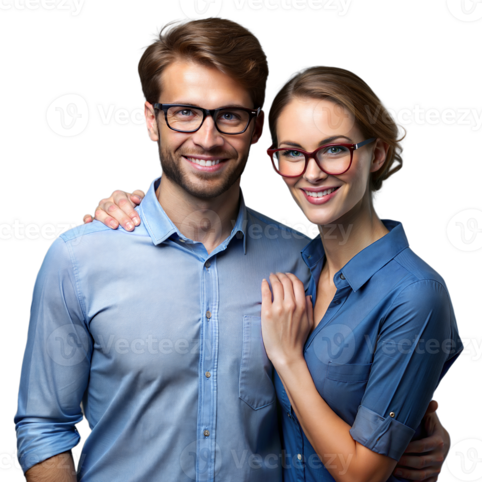Smiling couple wearing glasses posing on a transparent background png