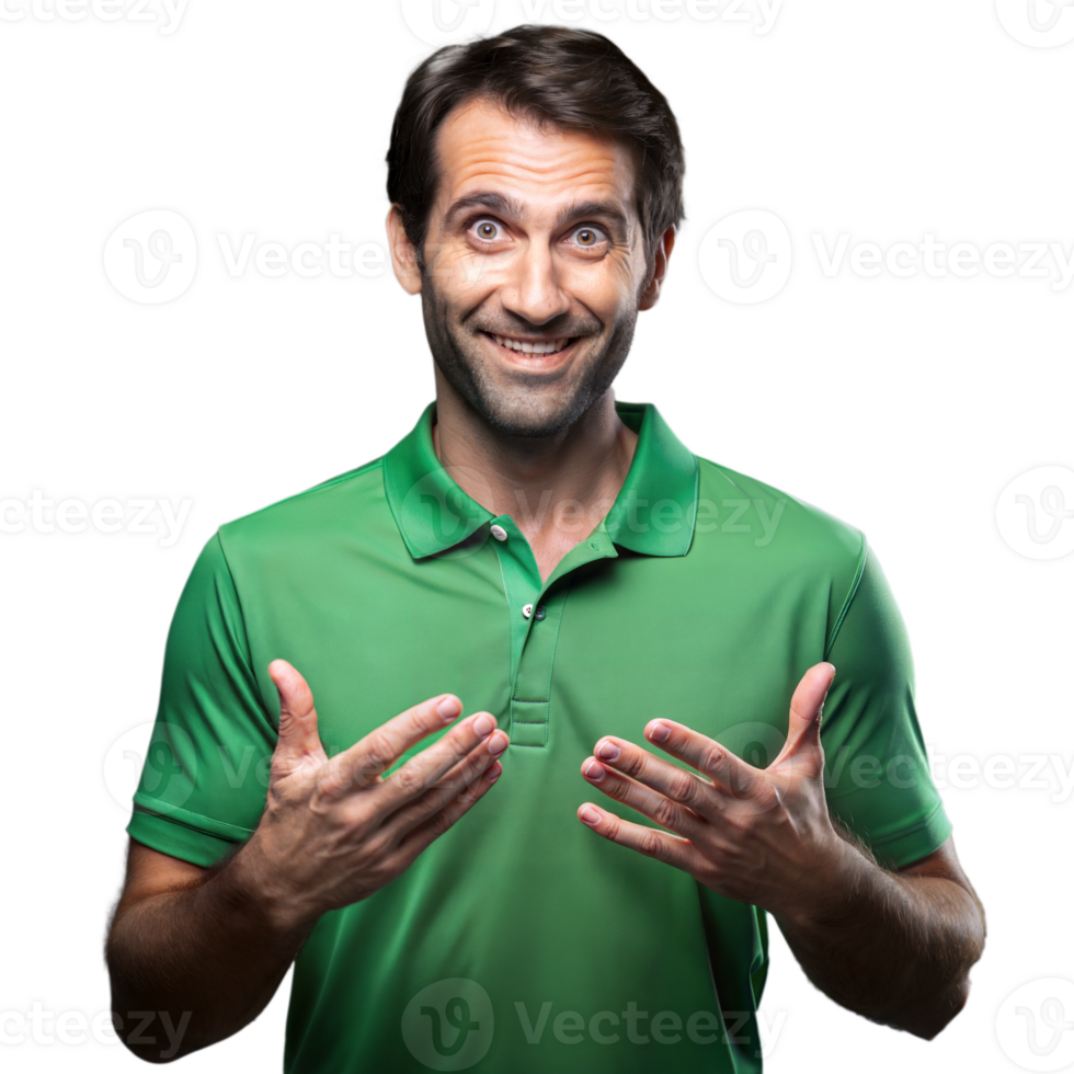 Happy man in green shirt expressing excitement on transparent background png
