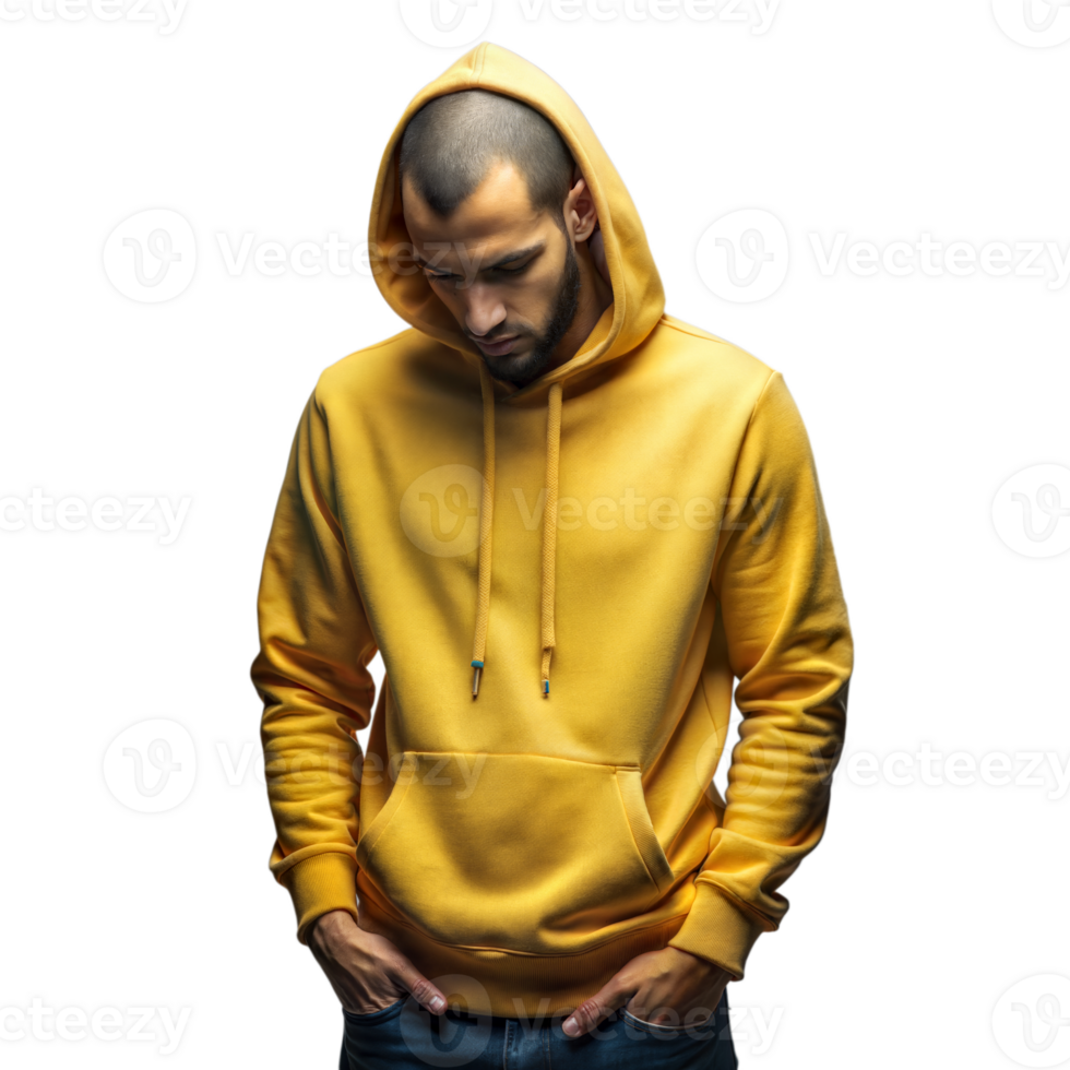 Man wearing yellow hoodie with hands in pockets on transparent background png