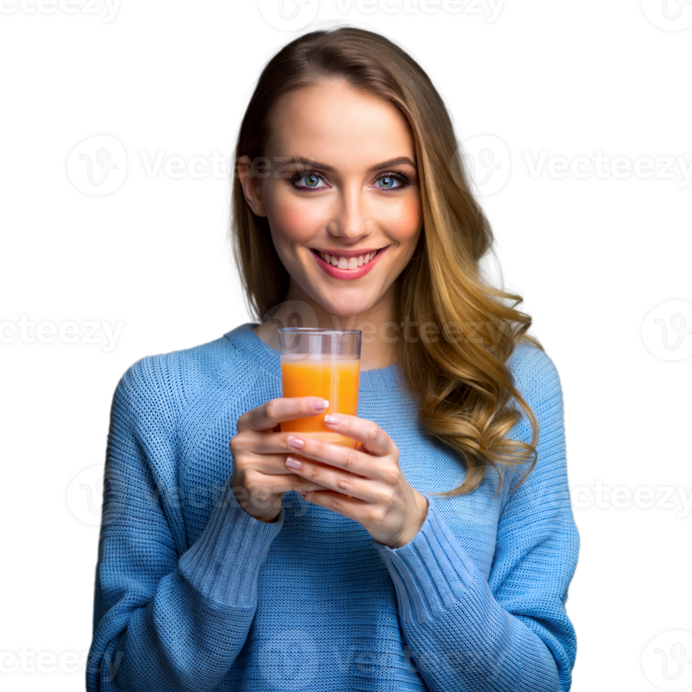 Smiling woman with glass of orange juice on transparent background png