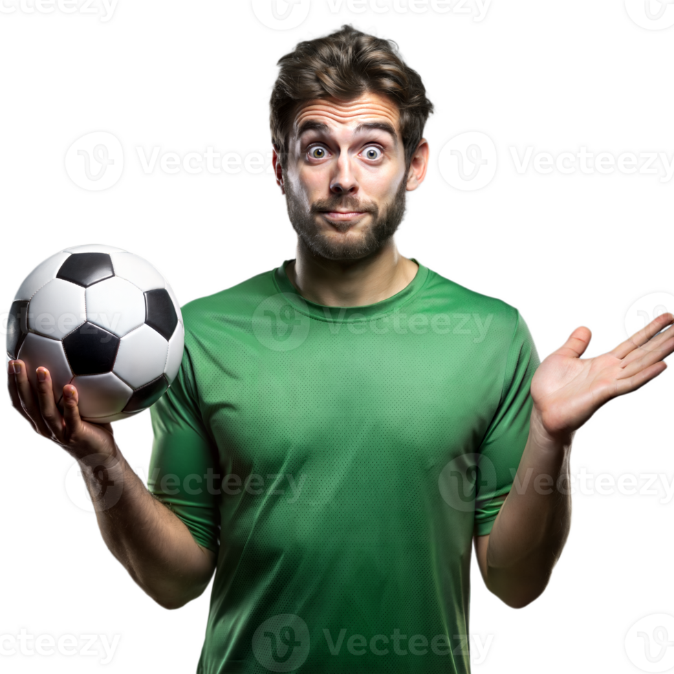 Confused soccer player with ball on transparent background png