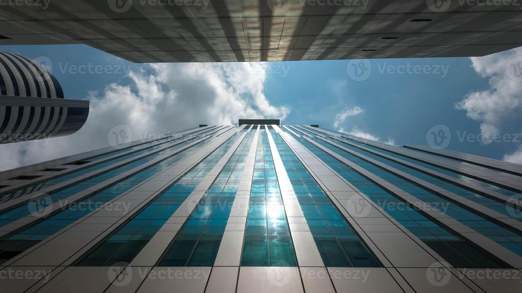 Top view building blue sky background wallpaper copy space empty city urban business technology modern tower facade window futuristic travel commercial office perspective contermporary district cloud photo
