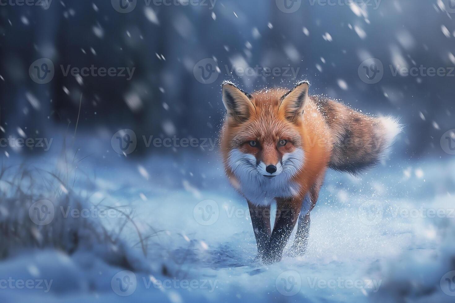 European Red Fox running through deep snow and cloud. Fox in winter nature photo