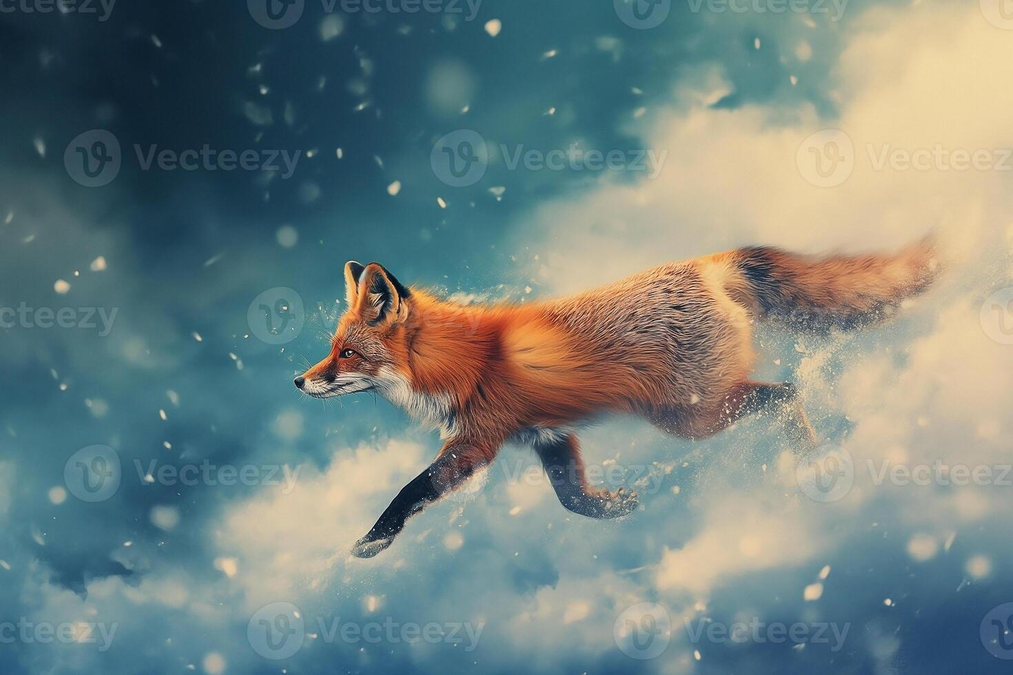 European Red Fox running through deep snow and cloud. Fox in winter nature photo