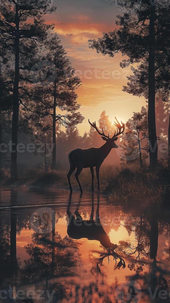 Beautiful deer stag in the forest at sunset in the grass ray trees photo